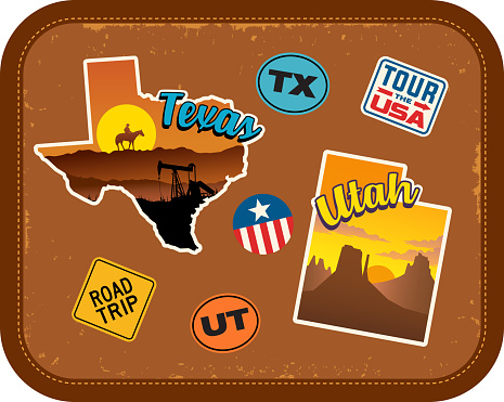 Texas, Utah travel stickers with scenic attractions and retro text. State outline shapes. State abbreviations and tour USA stickers. Vintage suitcase background