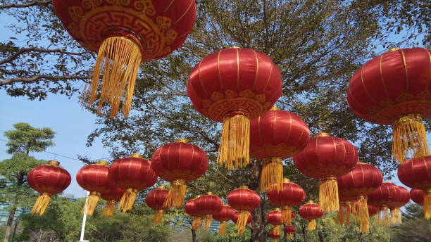 istock Chinese New Year - Red lanterns at trees on street 918806902