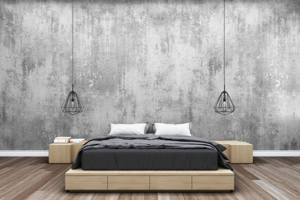 istock Bedroom with concrete wall and modern bedside lamp.3D Illustration 918807242