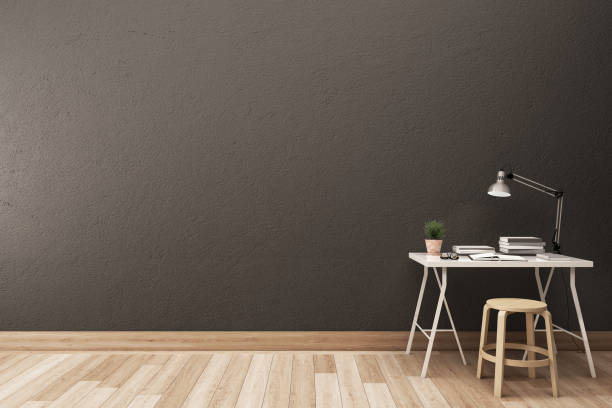 istock Work space with gray wall and wood floor.3D illustration 918807612