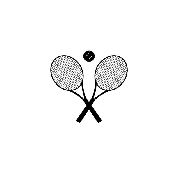 ilustraciones, imágenes clip art, dibujos animados e iconos de stock de raquetas de tenis con icono de vector de bola - tennis court vector tennis racket