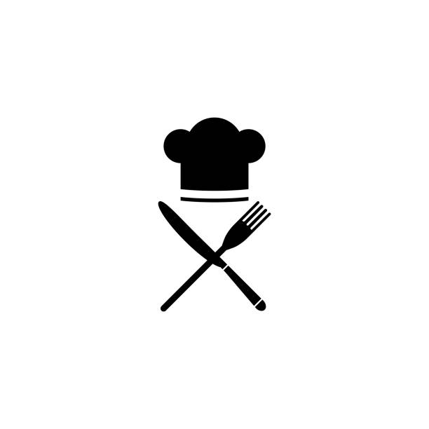 ilustrações de stock, clip art, desenhos animados e ícones de chef hat sign icon. cooking symbol. cooks hat with fork and spoon. - chef commercial kitchen cooking silhouette
