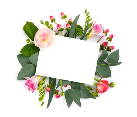 Mock up with flowers isolated on white. Copy space area