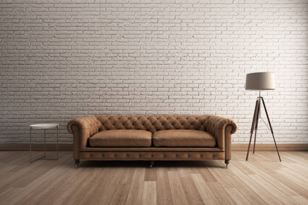 istock Classic sofa with white brick wall & Wooden Floor. 3D illustration 918813244