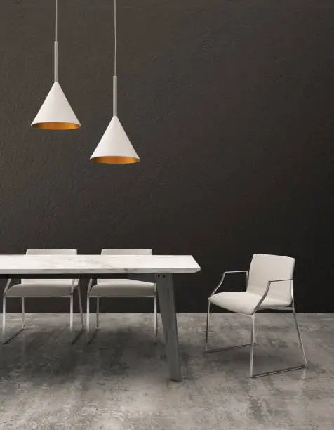 Interior of a minimalist dining room with black wall. 3d illustration
