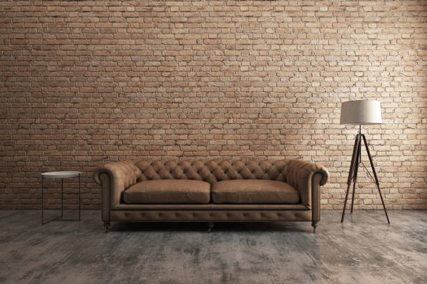 istock Classic sofa with orange brick wall. Scandinavian interior design. 3D illustration 918813320