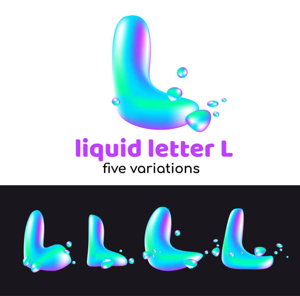 ilustrações de stock, clip art, desenhos animados e ícones de l letter is an aqua symbol. liquid volumetric letter with droplets and sprays for the corporate style of the company or brand on the letter l. juicy, watery, holographic style. - letter l water typescript liquid