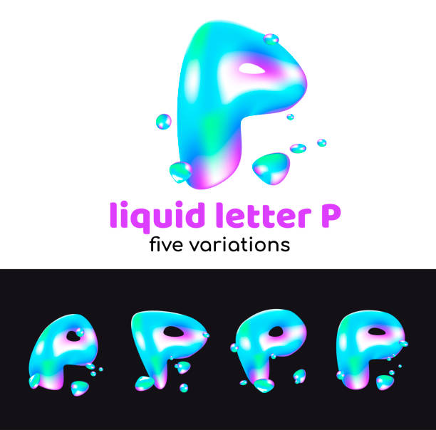 p 문자 아쿠아 상징 이다입니다. 방울과 회사 또는 편지 피 쥬 시, 물, 홀로그램 스타일에 브랜드의 기업 스타일에 대 한 스프레이 액체 체적 편지. - letter p water liquid text stock illustrations