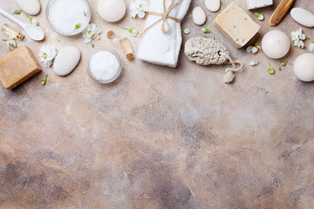 Natural spa, beauty and aromatherapy background on stone table top view.