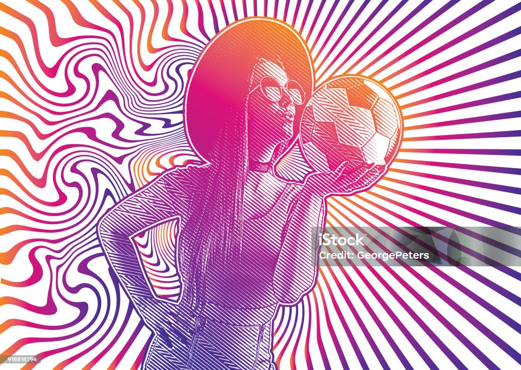 Female soccer fan kissing soccer ball Colorful engraving of a female soccer fan kissing soccer ball Psychedelic stock vector