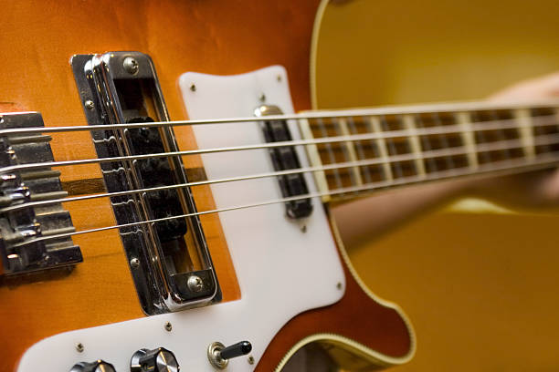 Detailed view of a guitar highlighting its neck. Strings on an electric guitar
