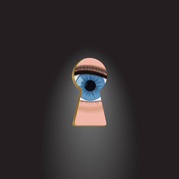 ilustrações, clipart, desenhos animados e ícones de olhos azuis no buraco do fechadura. - keyhole peeking human eye curiosity