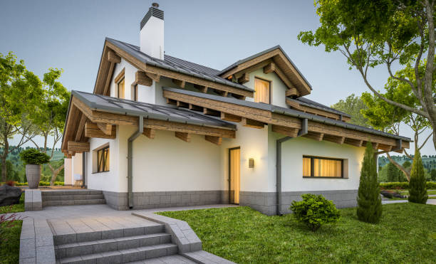 istock 3d rendering of modern cozy house in chalet style 918832744