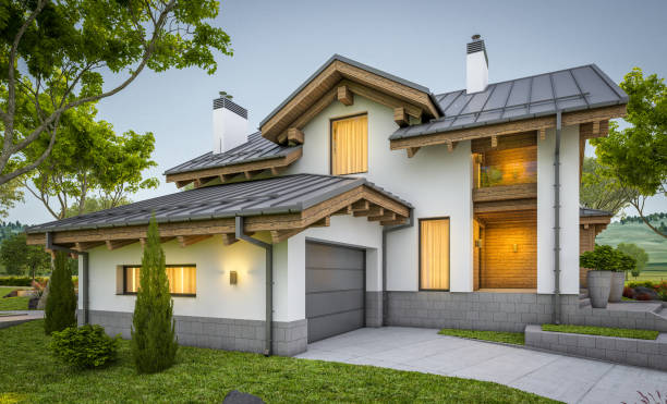 istock 3d rendering of modern cozy house in chalet style 918832958