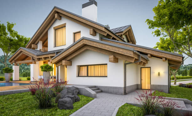 istock 3d rendering of modern cozy house in chalet style 918832990