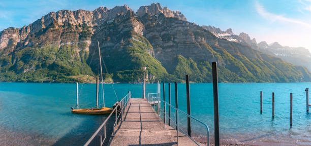 istock Pier on alpine lake and mountains 918842664