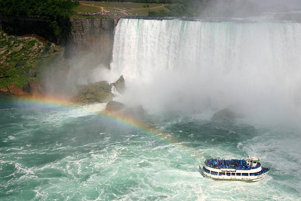 Cruise boat makes its way through misty waters, surrounded by a vibrant rainbow and the majestic American Falls.