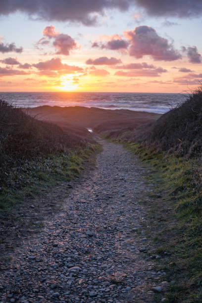 chemin d’accès menant à l’océan au coucher du soleil - bude photos et images de collection