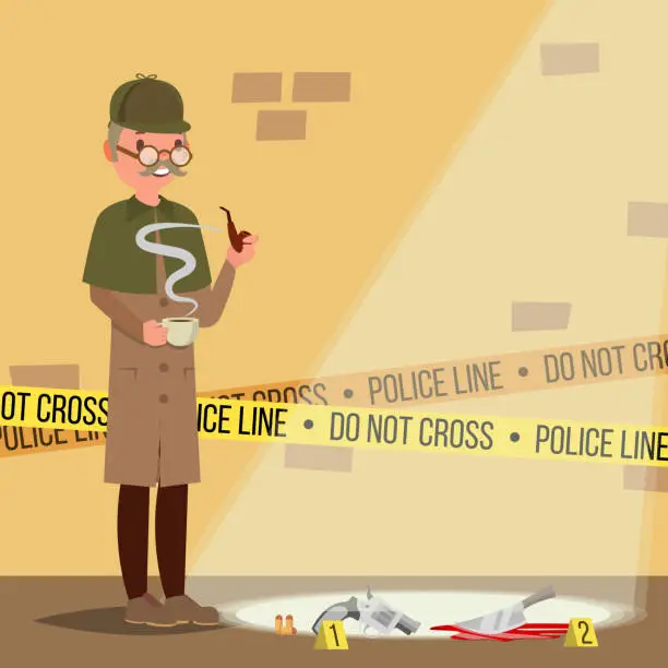 Vector illustration of Crime Scene Vector. Detective At Crime Scene. Flat Cartoon Illustration