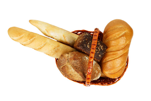 istock Mixed bread in basket isolated on white background. Top view 918855966