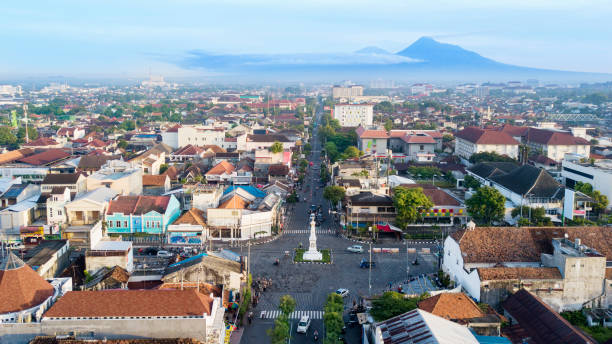 Beautiful aerial view of Tugu Yogyakarta Yogyakarta, Indonesia. February 09, 2018: beautiful aerial view of Tugu Yogyakarta at morning time yogyakarta stock pictures, royalty-free photos & images