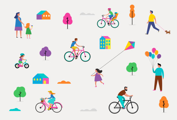Summer outdoor scene with active family vacation, park activities illustration with kids, couples and families. Summer outdoor scene with active family vacation, park activities illustration with kids, couples, families, relexing on nature, walk with dog, ride bicycles cartoon of the summer for kids stock illustrations