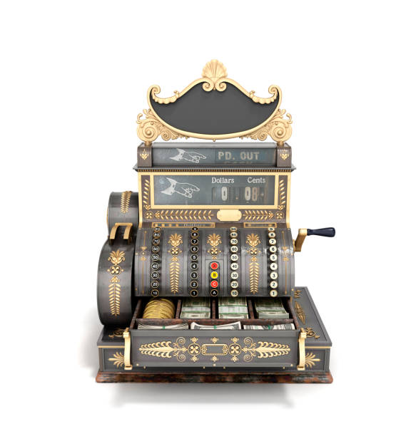 istock Open Old vintage cash register 3d render on white background 918866222