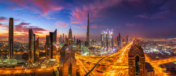 Dubai skyline at sunset stock photo