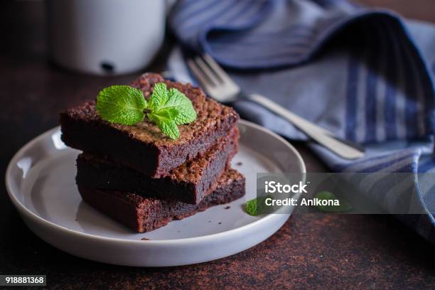 Homemade Chocolate Brownies On Dark Stone Background Copy Space Stock Photo - Download Image Now
