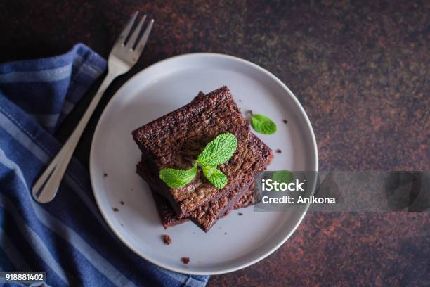 Homemade Chocolate Brownies On Dark Stone Background Copy Space Stock Photo - Download Image Now