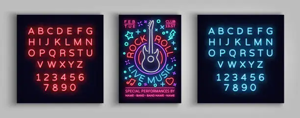Vector illustration of Rock n roll live music. Typography, Poster in neon style, Neon sign, Flyer Design template for rock festival, concert, party. Music Rock and Roll. Vector illustration. Editing text neon sign