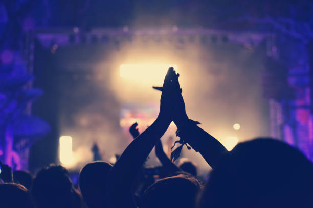 Rear view of crowd with arms outstretched at concert