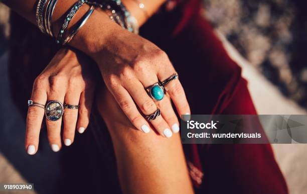 Closeup Of Bohemian Womans Hands With Silver Jewelry Stock Photo - Download Image Now