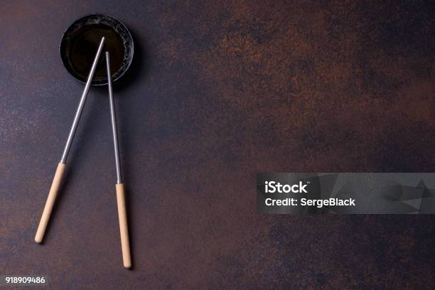 Two Chopsticks And Soy Sauce For Sushi Stock Photo - Download Image Now - Asia, Chopsticks, Copying