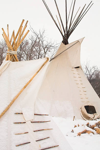 tipi di camp in inverno con neve e legna da ardere - north american tribal culture teepee winter canada foto e immagini stock