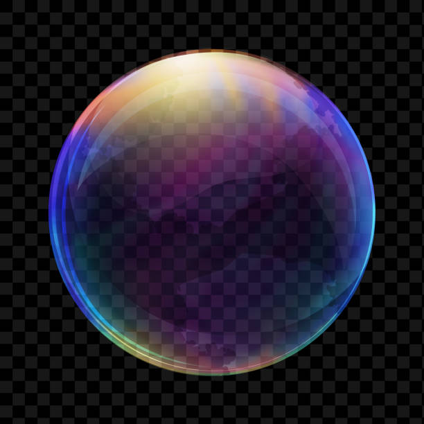 Realistic soap bubble Vector. Transparent realistic soap bubble on dark background. rainbow light effect transparent stock illustrations