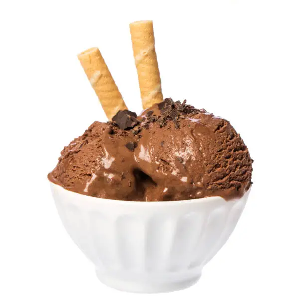 Photo of Chocolate ice cream scoops in white bowl with waffles and chocolate pieces on white background