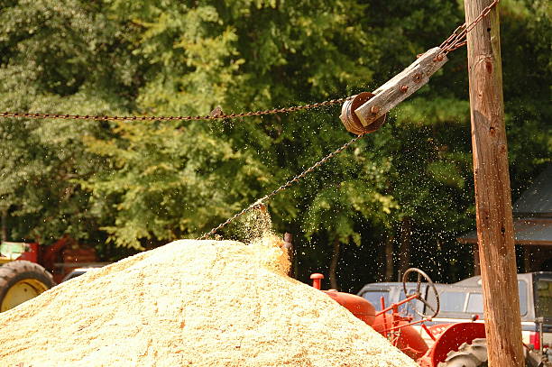 Sawdust A large pile of saw dust complete with miniature conveyor belt at an old fashioned saw mill. sawmill gravy stock pictures, royalty-free photos & images