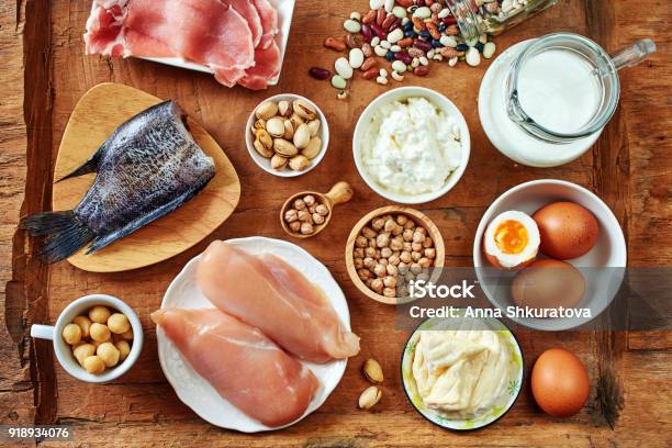 Top View Of Highprotein Foods Stock Photo - Download Image Now - Protein, Meat, Egg - Food