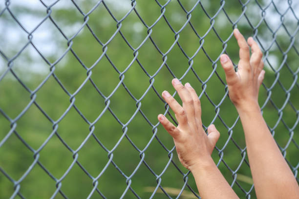 istock Hand hanging on metal chain link fence 918937848