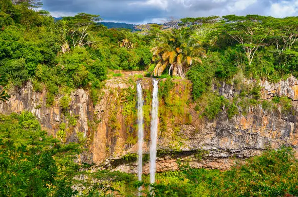 Scenic Chamarel waterfall. Beautiful landscape. Mauritius island