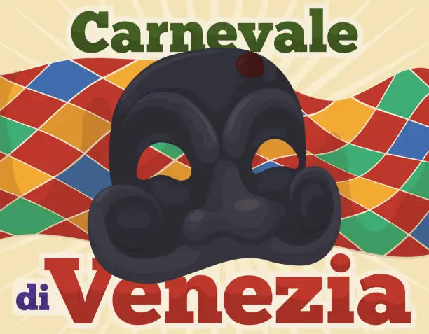 Vector illustration of Arlecchino Mask over a Multicolored Ribbon for Venice Carnival Celebration