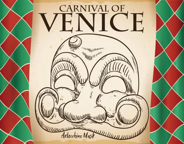 Vector illustration of Curtains and Scroll with Sketched Arlecchino Mask for Venice Carnival