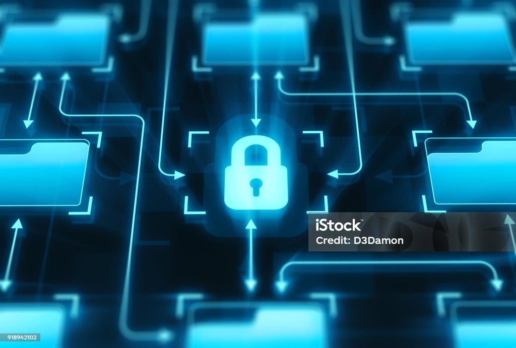 Lock and folders on digital display Lock and folders on digital display. Secure system concept Privacy Stock Photo