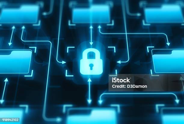 Lock And Folders On Digital Display Stock Photo - Download Image Now - Privacy, Data, Network Security