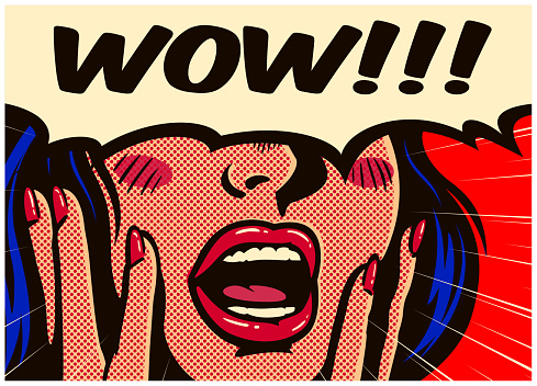 Vintage pop art style excited and surprised comic girl with open mouth and speech bubble saying wow vector illustration