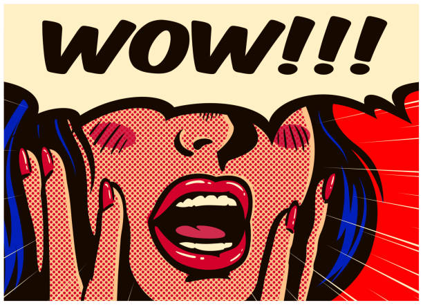 Retro pop art surprised and excited comic book woman with speech bubble saying wow vector illustration Vintage pop art style excited and surprised comic girl with open mouth and speech bubble saying wow vector illustration shouting illustrations stock illustrations
