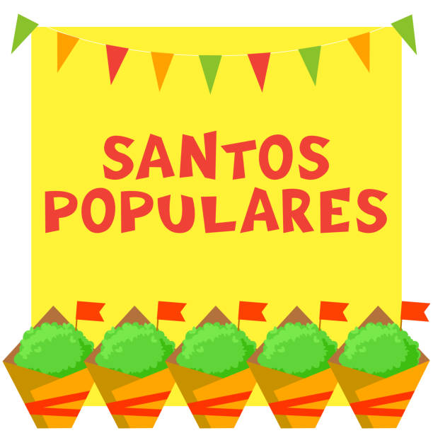santos populares portekizce festival kartı manjerico bitkiler ve kiraz kuşu garland. - santos stock illustrations