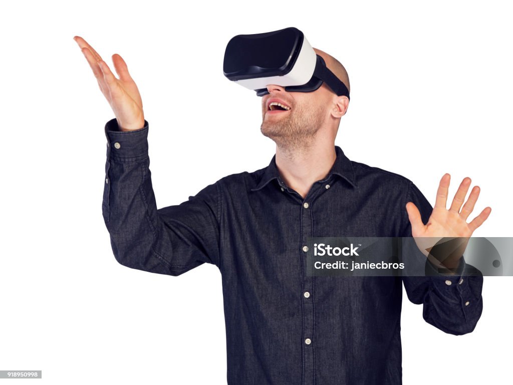 Man Virtual Reality Man Exploring Virtual Reality Reaching For Imaginary Object Stock Photo ...