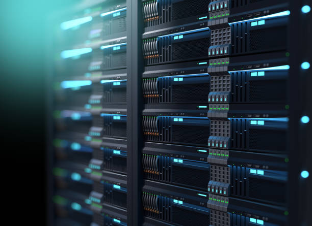 super ordinateur racks de serveurs dans le datacenter. illustration 3d - centre de traitement de données photos et images de collection